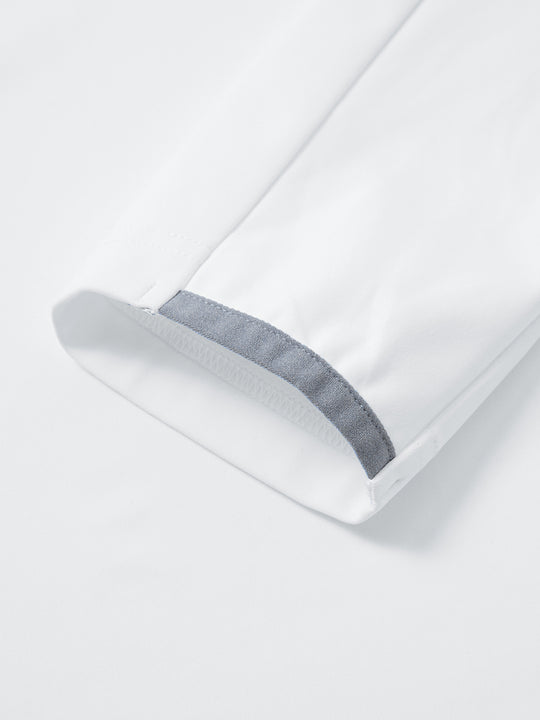 Collar zipper and inner neck pattern detail of the lightweight golf quarter zip pullover in white navy stripe.