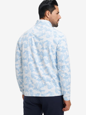 Back upper body angle of the sky blue camo full print quarter zip pullover, model turns head slightly.