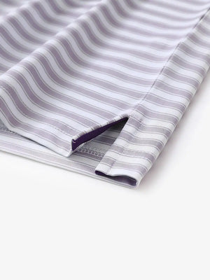 Close-up of the hem slit on the Lavender White Yarn Dyed Stripe Polo – subtle and sharp craftsmanship