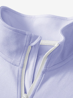 Detail shot of collar opening of light purple melange moisture wicking quarter zip pullover