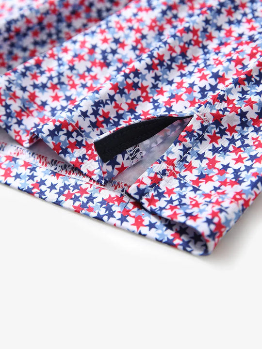 MAELREG's hem slit detail showcases the WHITE PATRIOTIC STAR Polo shirt. Its refined craftsmanship and fabric texture highlight its high quality