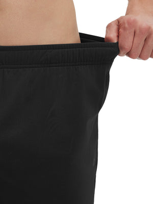 Detail view showing waist stretch on black breathable running shorts with 4 zipper pockets
