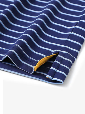 Close-up of vented hem on DARK BLUE/LIGHT BLUE STRIPE Polo with stripe precision