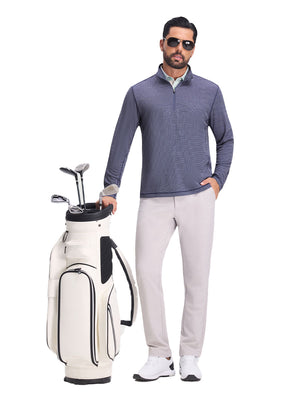 Front full body shot of model exercising in light dark blue grid featherweight midlayer quarter zip pullover