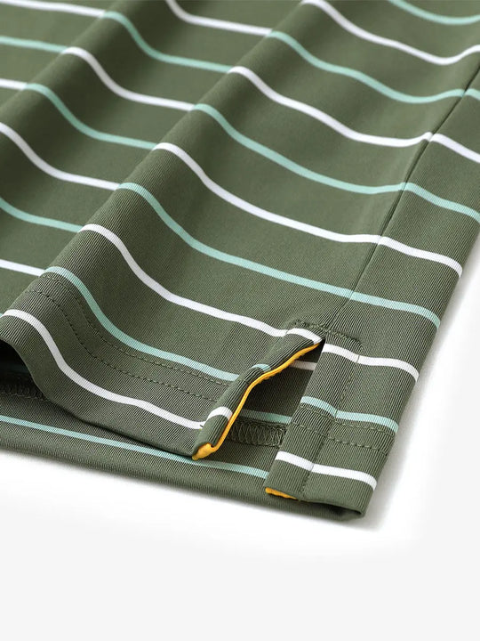 Side slit hem detail on OLIVE GREEN STRIPE Stylish Performance Golf Polo — clean and functional finish
