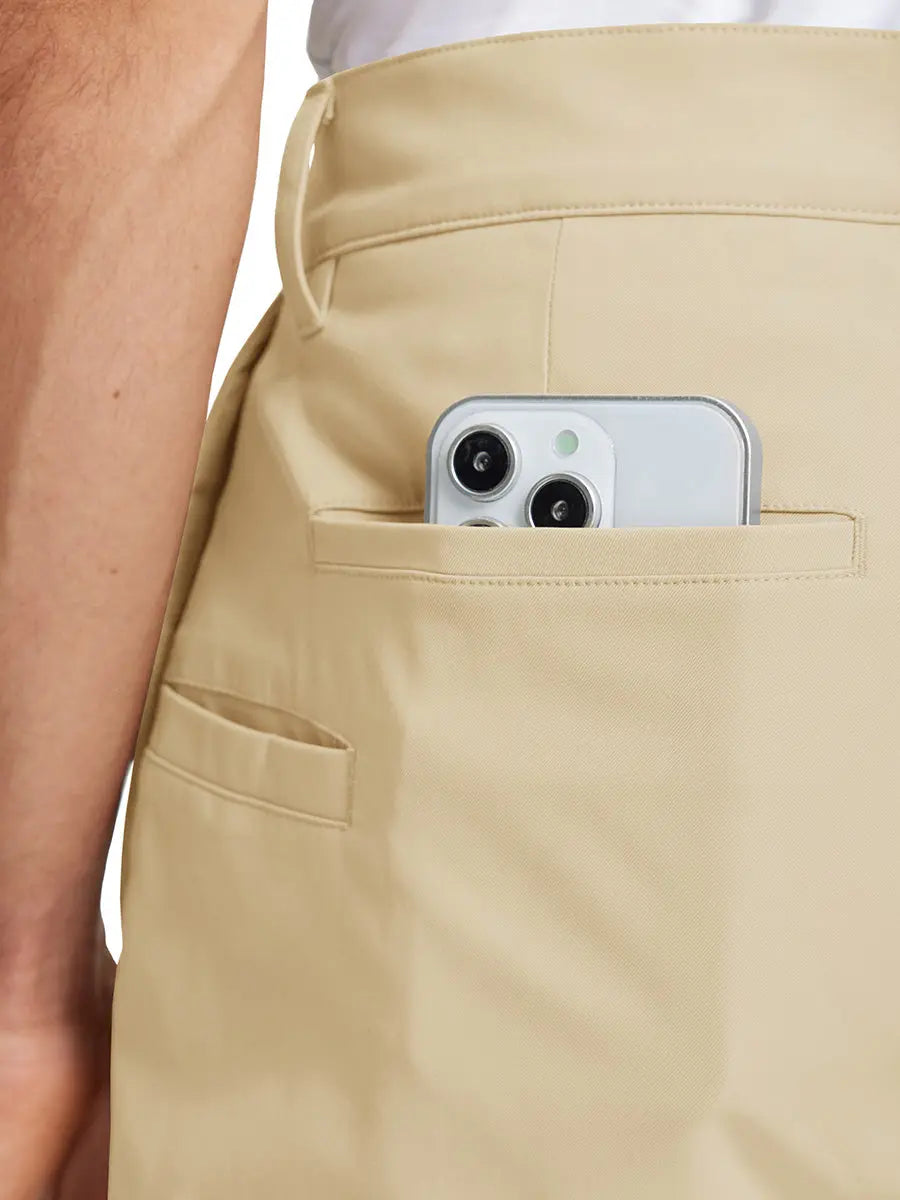 Back pocket detail of Water Repellent 8 Pockets Pants in LIGHT KHAKI，showing fabric texture and fit.，showcasing pocket functionality.