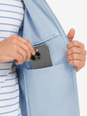 Close-up of inner pocket structure of garment, lightweight upf50+ short sleeve golf vests jacket in light blue