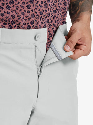 Close-up of waistband button and interior logo on GLACIER GREY Water Resistant Versatile 8 Pockets Shorts.