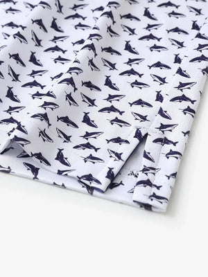 Hem slit detail of MAELREG Performance Jersey Print Polo in White Purple Shark – comfort & movement