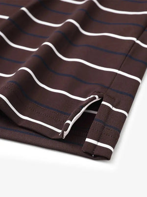 Hem detail of trendy boys stripe polo shirts, fine finish with subtle brown stripe touch