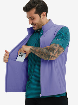 Close-up of water-resistant fleece golf vests pocket holding a phone, practical detail in lavender