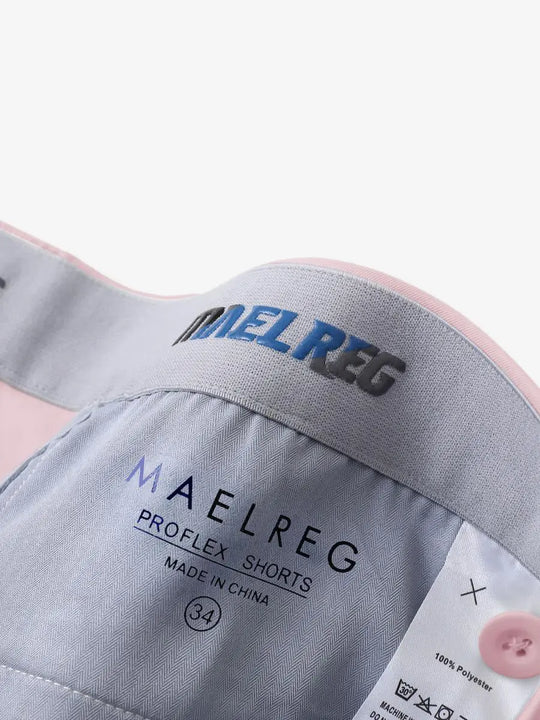 Interior waistband with MAELREG label and sizing – Pink shorts, 9 Inch