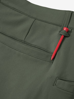 Waistband detail of soft lightweight casual golf pants with 5 pockets in olive green, neat stitching.