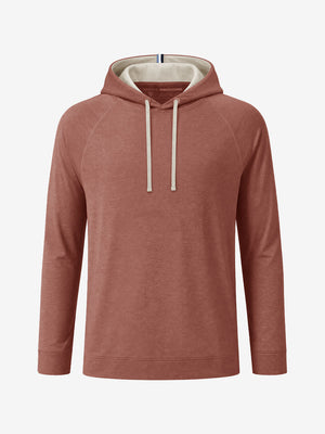 3d digital rendering of the garment, heather midlayer golf hoodies in red ochre heather