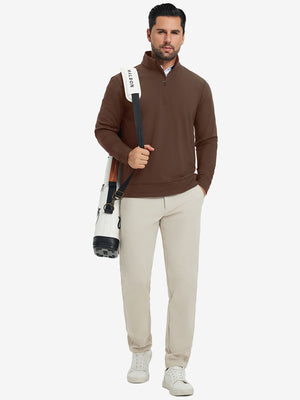 Ultra-Soft Brushed Fleece Lining Quarter Zip Sweatshirt in coffee brown, model carrying tennis bag