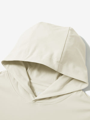 Hood detail of the cream dry fit stretchy sweatshirts hoodie, showing smooth fabric and neat seams.