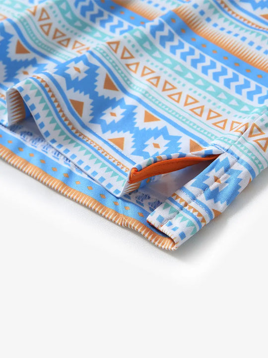 Hem slit detail of BLUE ETHNIC Performance Quick Dry Print Golf Polo highlighting stitching and finish