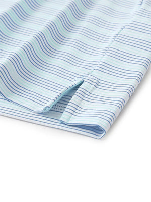 Close-up of side hem slit on Bluish Violet Light Blue Performance Stripe Golf Shirt