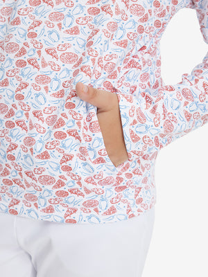 Model with both hands in pockets wearing youth full print stylish hoodies pullover in white pizza.