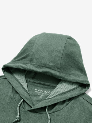Hood detail of the classic heather pullover hoodie in dark green melange, showcasing fabric and stitching.