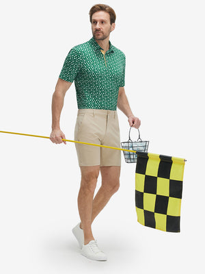 Full-body front view of model wearing the golf vacation 4 way stretch print collared polo shirt, showing the complete outfit
