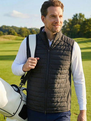 Lightweight Water-Resistant Puffer Vest, Black (Model Wearing The Vest Outdoors)