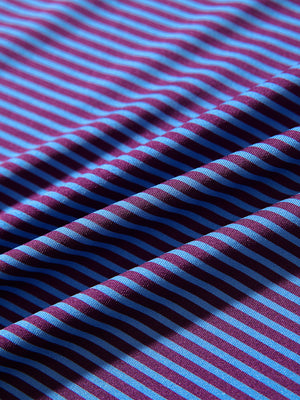 Fabric detail of Classic stripe polo shirts with crisp lines and smooth plum blue stripe finish