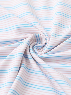 Close-up fabric detail of performance stripe golf shirts, breathable texture with soft pink blue stripe finish