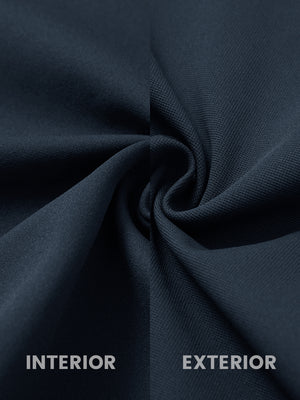 Close-up of fabric on water-resistant zip up golf jacket, showing texture and finish in navy.
