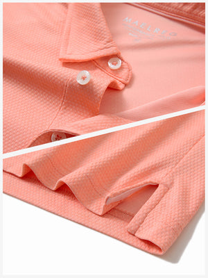 Detail shot of collar and hem of orange red grid ultra-light quick dry moisture wicking collared polo shirt