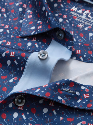 Detail shot of the collar on the american elements 4 way stretch print collared polo shirt, emphasizing the classic neckline design