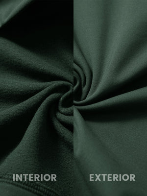 Inside and outer fabric close-up of forest green youth winter micro-fleece quarter zip pullover, soft fleece.