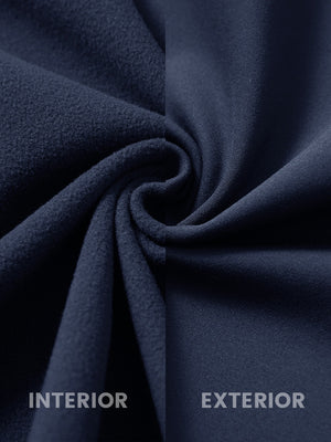 Close-up of the inner and outer fabric of kids soft lightweight fleece lined jacket in navy.