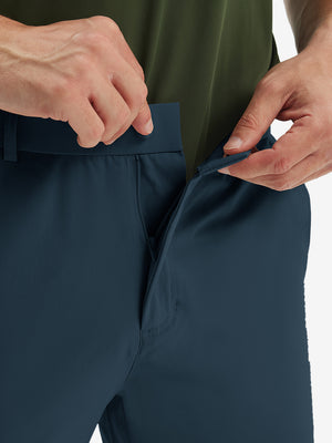 Detail view of the zipper on the navy stretch soft flat front dress golf shorts, highlighting secure closure
