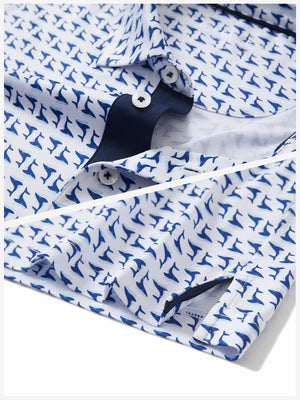Detail shot of collar and hem of white navy dolphin performance quick dry print golf polos