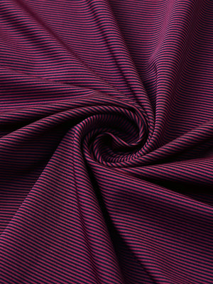 Fabric close-up of pinstripe jersey performance polo, fine stripe pattern with breathable maroon stripe finish