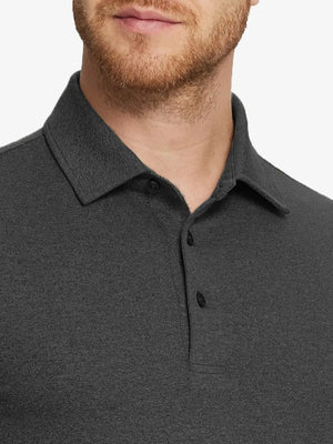 Dark Grey Heather Skin-friendly Long Sleeve Melange Polo – front view from model’s nose to chest