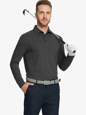 Model wearing Dark Grey Heather Skin-friendly Long Sleeve Melange Polo – front half-body holding golf club