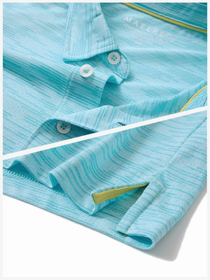 Detail shot of collar and hem of misty blue ultra-light quick dry moisture wicking collared polo shirt