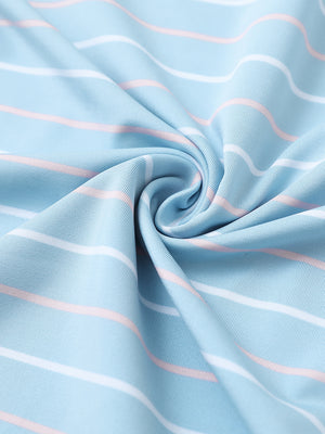 Fabric close-up of trendy boys stripe polo shirts, soft texture and breathable misty blue stripe feel