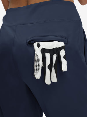Back pocket detail of the navy women's lightweight high waisted golf pants, showcasing the rear storage design