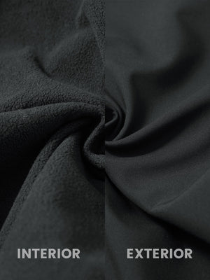 Inside and outside fabric view of grey thermal water repellent fleece dress pants