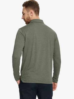 Olive Green Heather Skin-friendly Long Sleeve Melange Polo – back half-body view on model