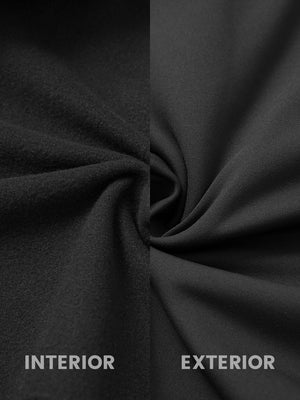 Inside and outer fabric close-up of black ultra-soft brushed fleece lining quarter zip sweatshirt, soft fleece.