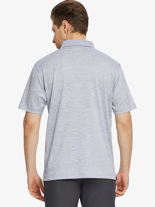 Back half-body view showcasing the relaxed athletic silhouette in FADED DENIM HEATHER