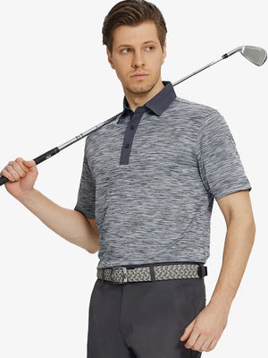 Half-body front shot with golf club, styled in BLACK GREY HEATHER Cool Heather Texture Polo