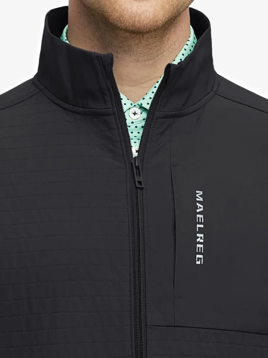 Close-up of the collar design on the Softshell Water Resistant Lightweight Jacket in Black