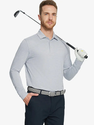 Model wearing Faded Denim Heather Skin-friendly Long Sleeve Melange Polo – front half-body holding golf club