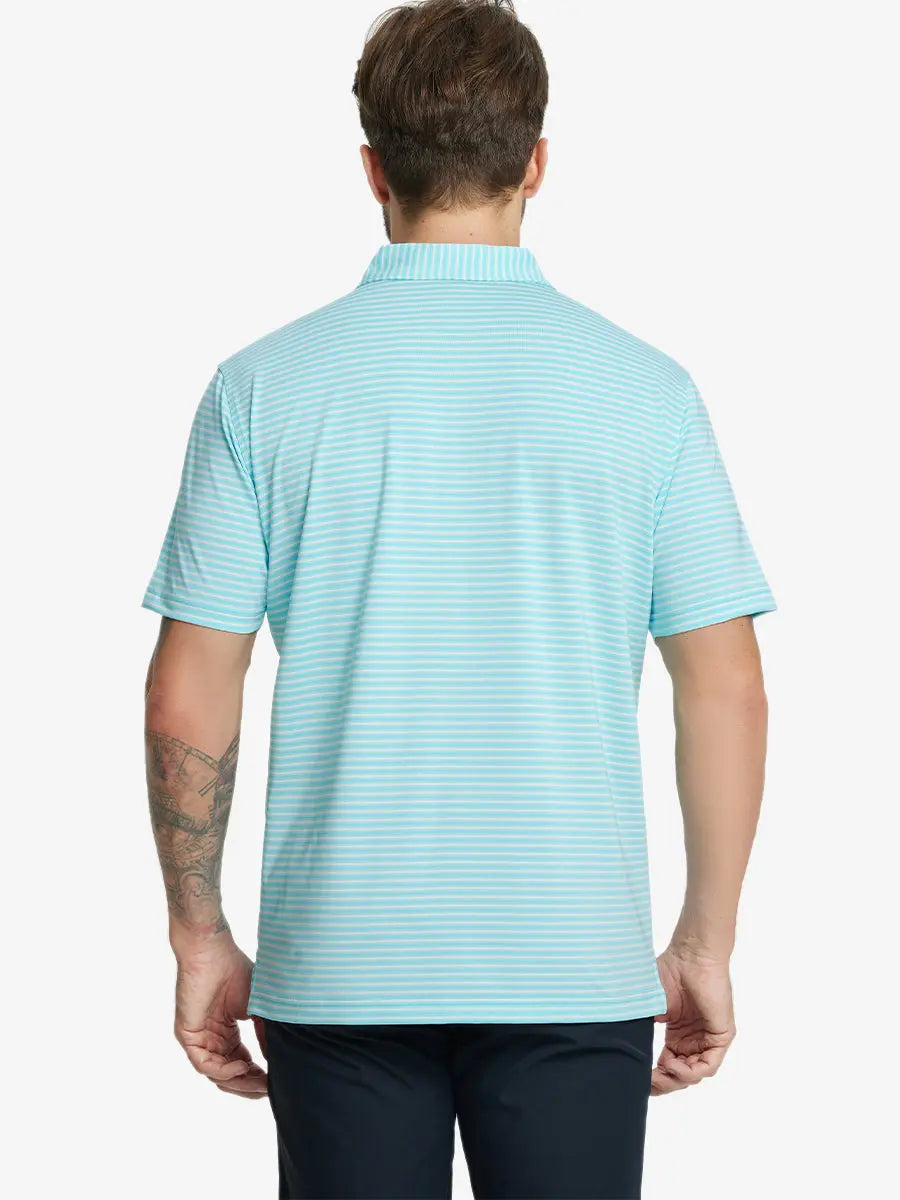 Back half-body shot of model showcasing the back of Sport Fit Stripe Polo in Aqua Blue Stripe
