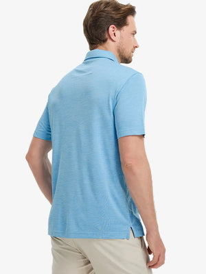 Rear half-body view of Modern Fit Melange Polo in AQUA HEATHER, showing neat fit and fabric details.